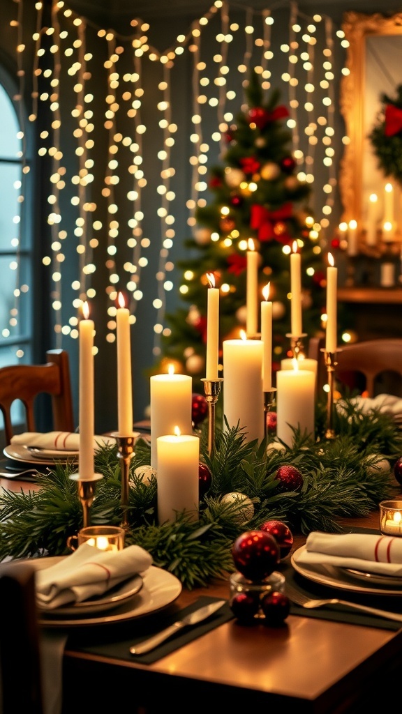 A festive Christmas table with candles, greenery, and decorations, creating a warm holiday atmosphere.